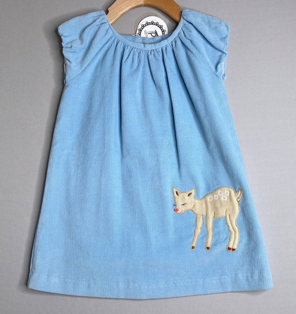 NWT Dondolo Short Sleeve Blue Corduroy Dress w/Deer/Fawn Appliqué Girls 24 Mo